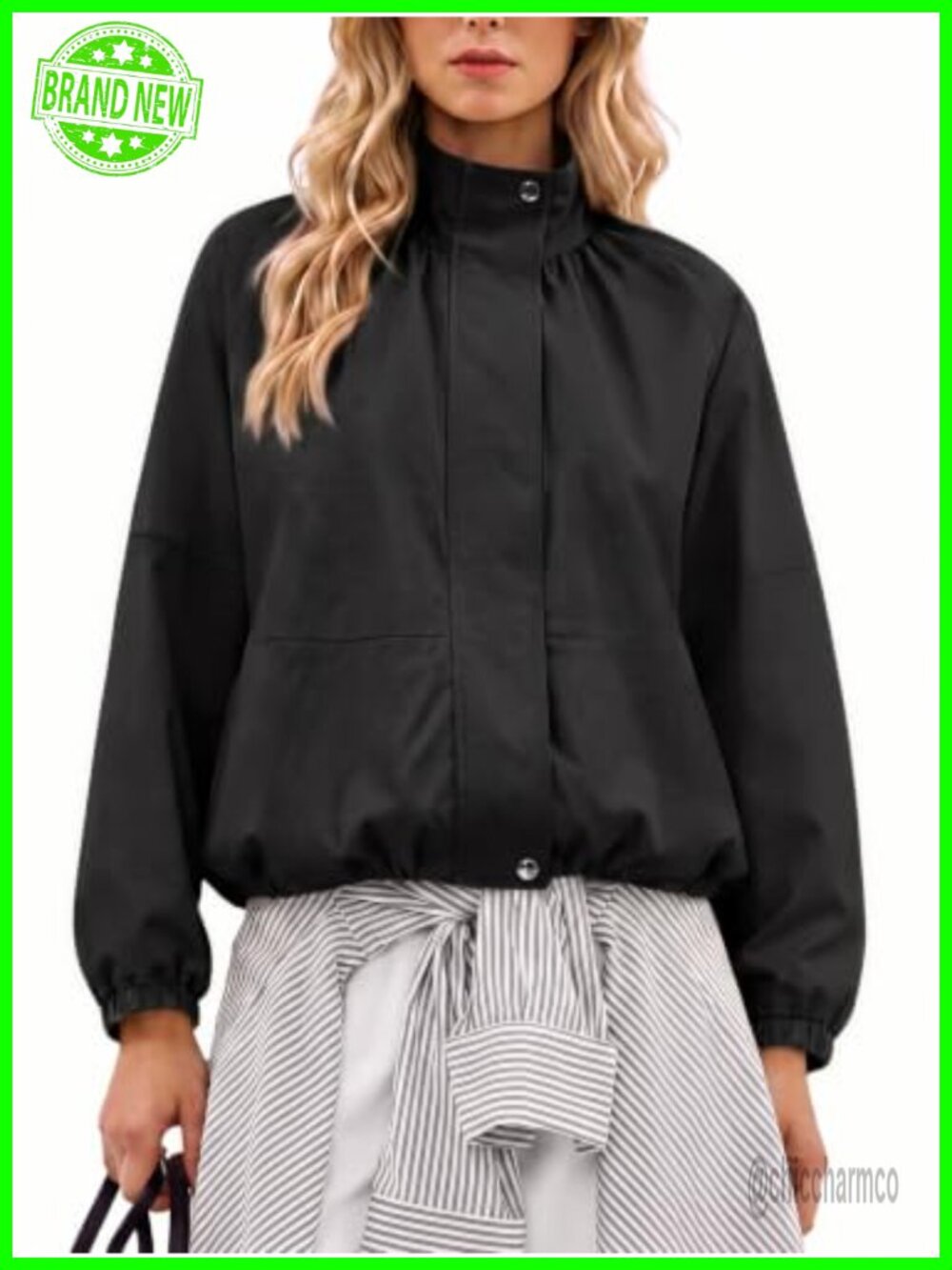 Womens Cropped Bomber Jacket Zip Up Stand Collar Casual Lightweight